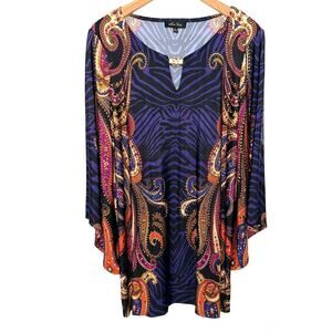 Melissa Paige Mixed Print Zebra Paisley Purple Flared Sleeve Tunic Size XL